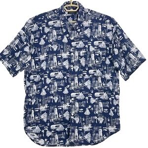 North 44 Mens Shirt L Blue Short Sleeve Cotton Nautical Sailboat US Naval Fish
